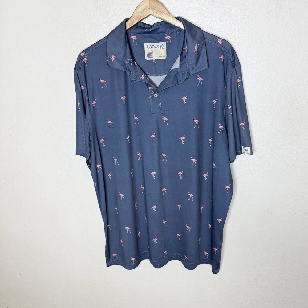 Laguna Flamingo Blue Pink Polo Shirt Summer Good Outdoor  Men's Large